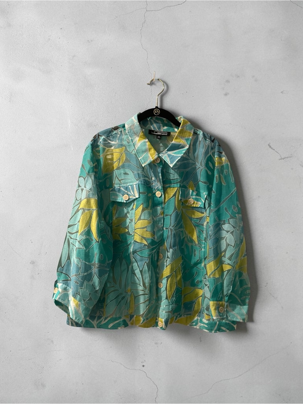 Linear Tropical Leaf Sheer Button Down Blouse Size XL Green Yellow Resortwear